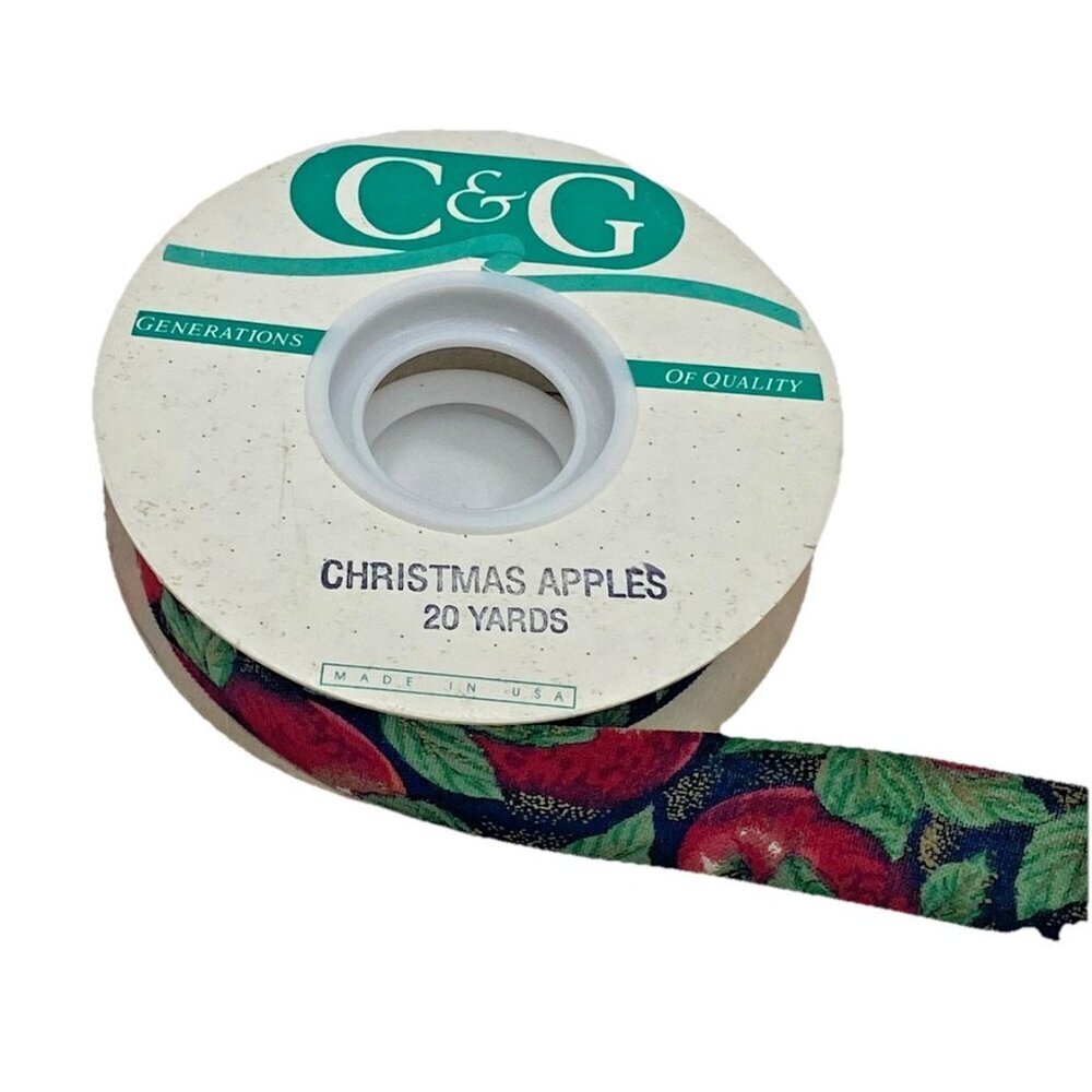 VINTAGE Christmas Apples Ribbon C & G Holiday 7/8 Inch Partially Full Roll USA